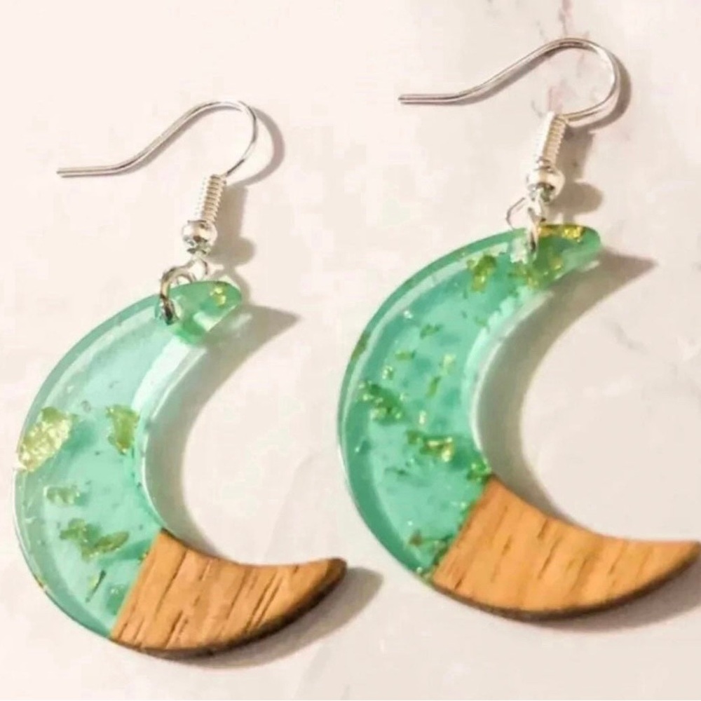 Mint Green Resin Wood Moon Dangle Earrings